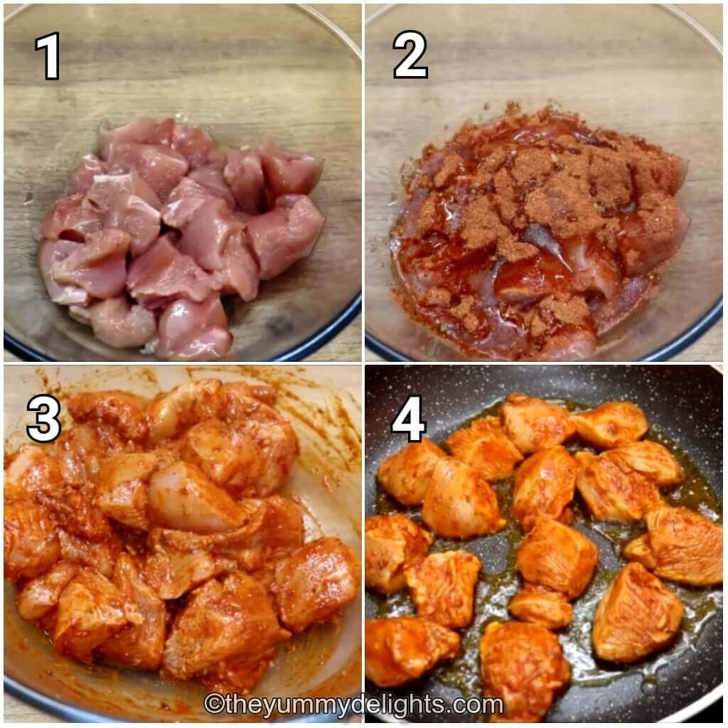 Collage image of 4 steps showing how to make cajun chicken and rice recipe. It dhows marinating the chicken and pan frying it.