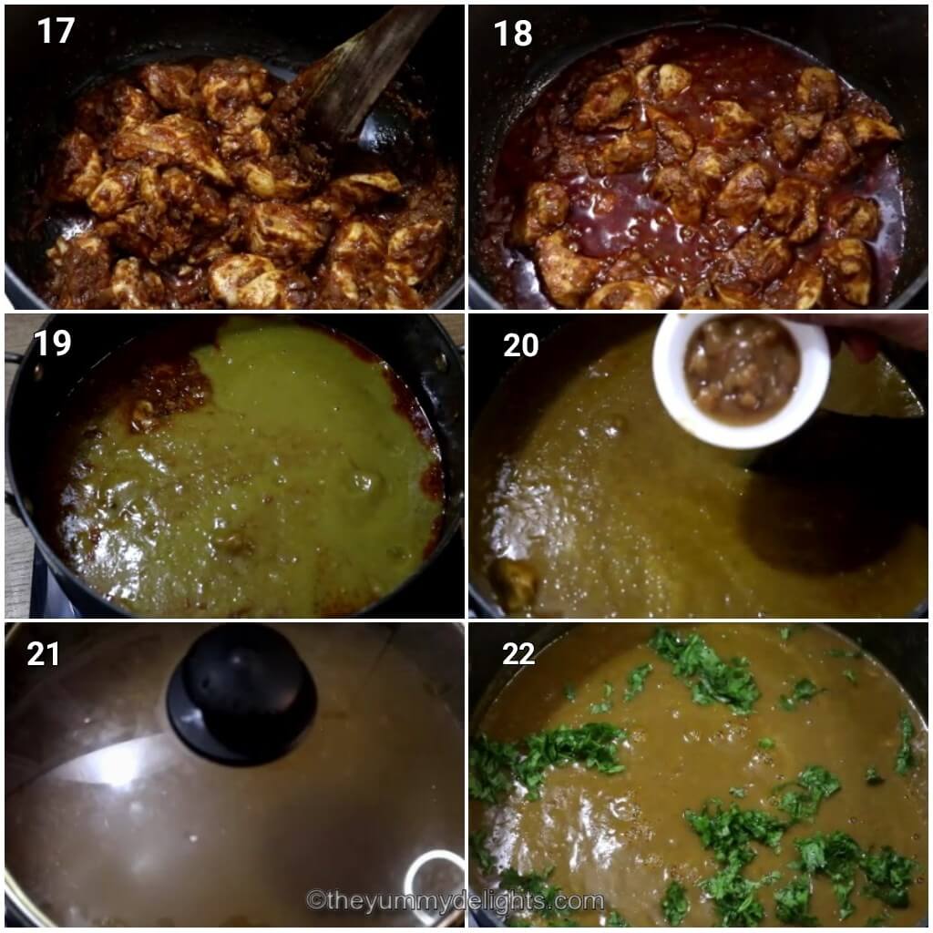 Collage image of 6 steps showing how to make chicken dhansak recipe. It shows  cooking chicken, addition of dal, tamarind pulp and cooking them. Garnished with coriander leaves.