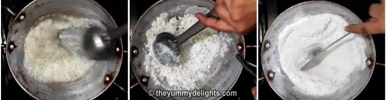 Collage image of 3 steps showing making boora recipe. It shows cooking the sugar syrup until it crystallizes and turns dry.