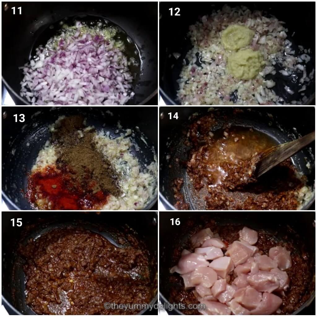Collage image of 4 steps showing how to make chicken dhansak sauce. It shows sauteing onions, ginger-garlic paste, addition of spices, cooking masala and addition of chicken.