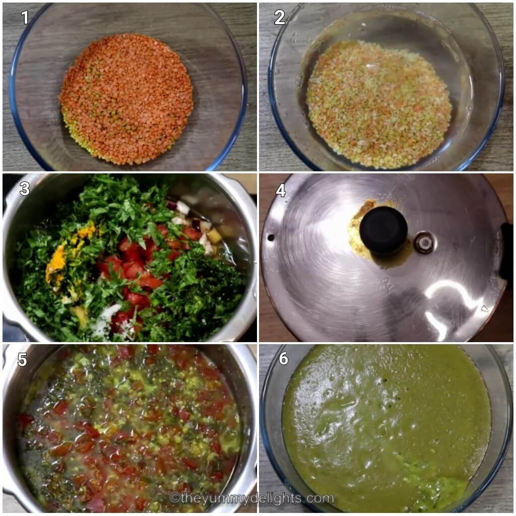 Collage image of 6 steps showing how to make dhansak dal for making chicken dhansak recipe. It shows soaking the dal, cooking them with vegetables in the pressure cooker and blendin the dal to smooth paste.