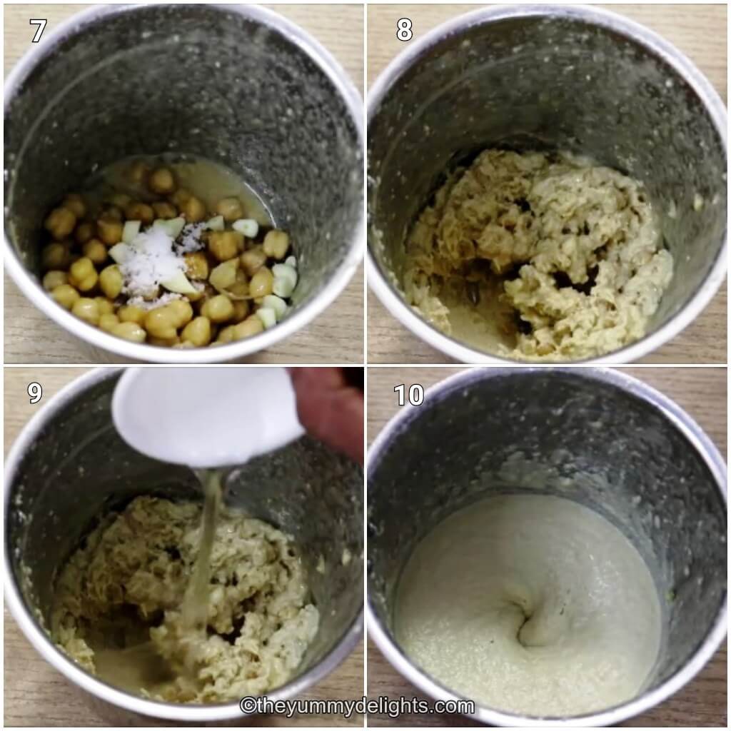 Collage image of 4 steps showing how to make hummus for mediterranean wraps recipe. It shows grinding chickpeas and other ingredients for making hummus.