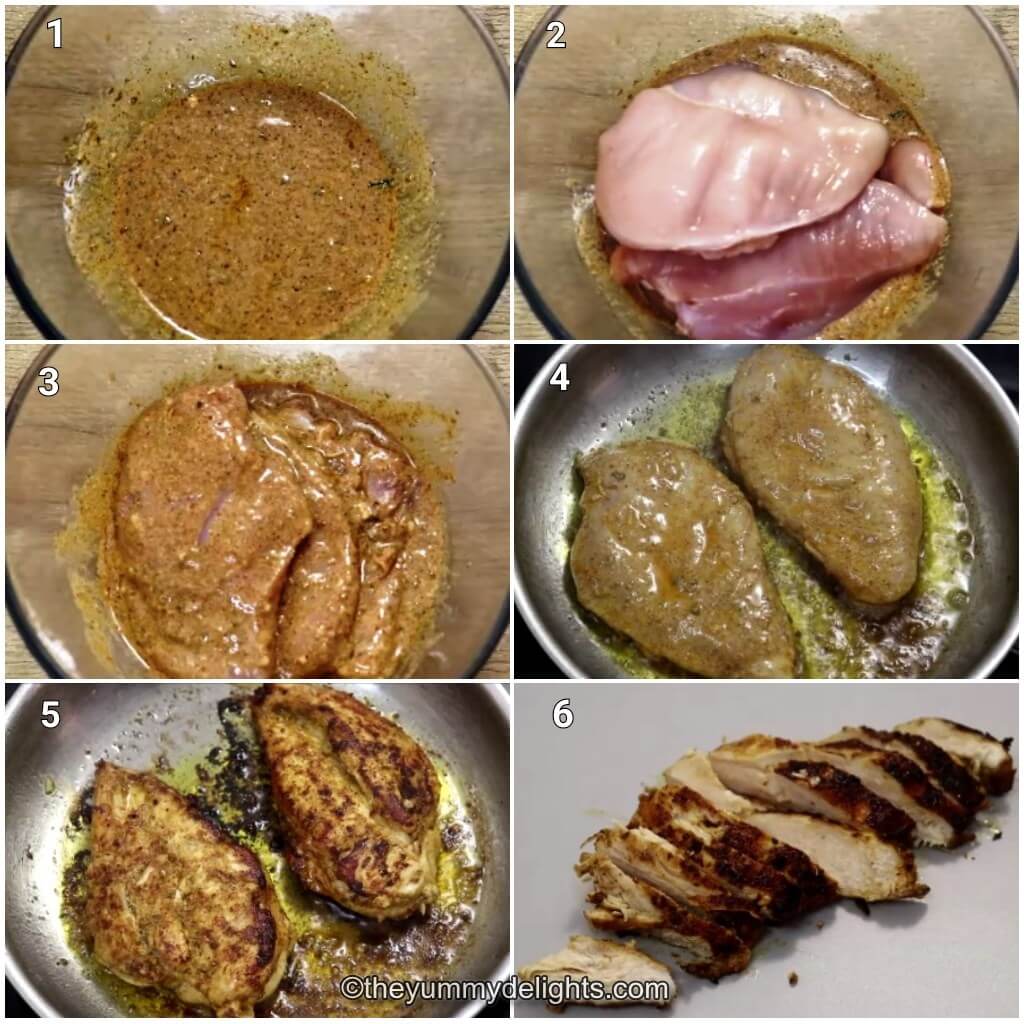 Collage image of 6 steps showing how to make Mediterranean chicken wraps. It shows marinating the chicken, grilling and slicing it.