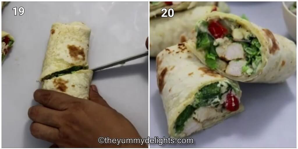 Collage image of 2 steps showing how to slice Mediterranean wraps and serving them.