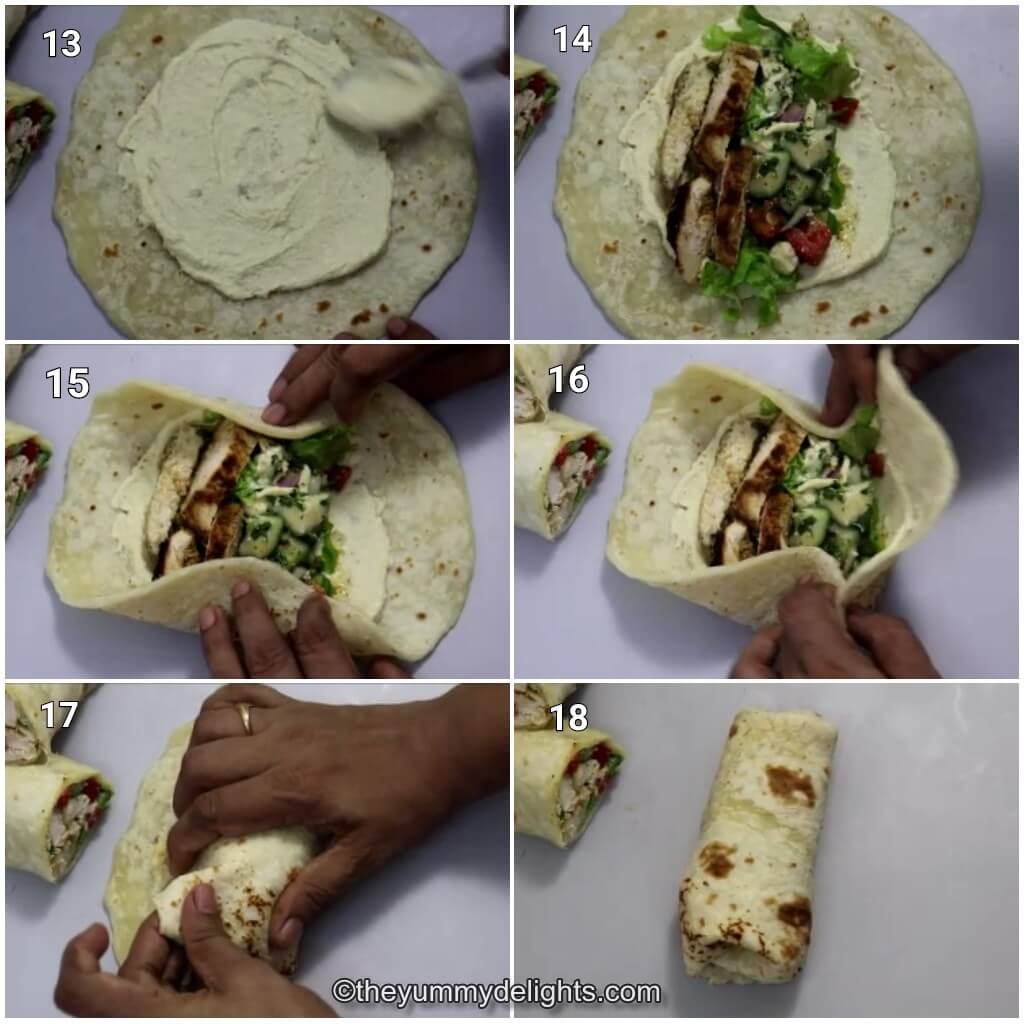 Collage image of 6 steps showing how to assemble mediterranean chicken wraps. It shows how to place the filling on the wrap and folding it.
