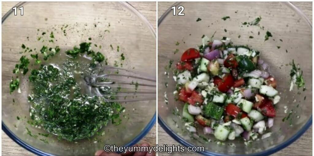 Collage image of 2 steps showing how to make salad. It shows tossing the salad ingredients.