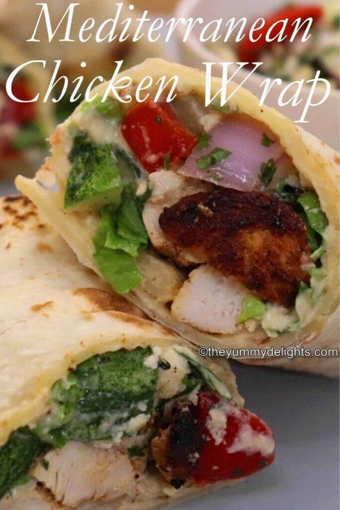 close-up of mediterranean chicken wrap. They are sliced and stacked.