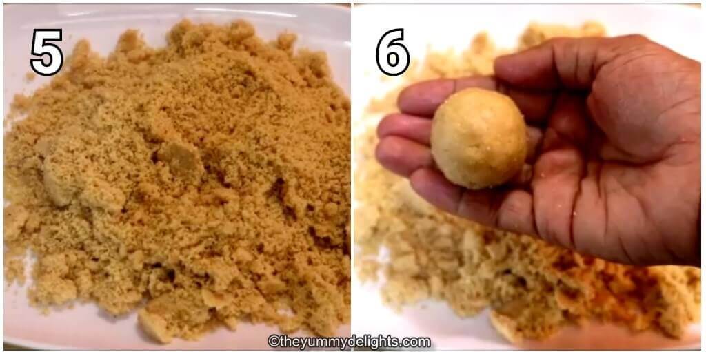 Collage image of 2 steps showing how to shape peanut ladoo.