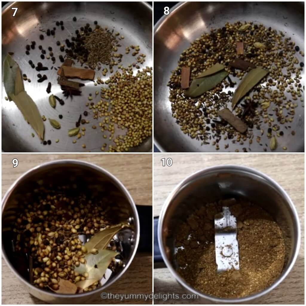 Collage image of 4 steps showing how to make dhansak masala to make chicken dhansak. It shows roasting the spices and grinding them.