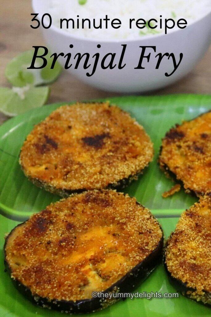 close-up of brinjal fry. 4 crisp fried brinjal slices are placed on a green colored plate.