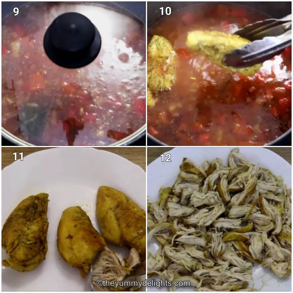 Collage image of 4 steps showing making chicken and chickpeas soup. It shows shredding the cooked chicken.