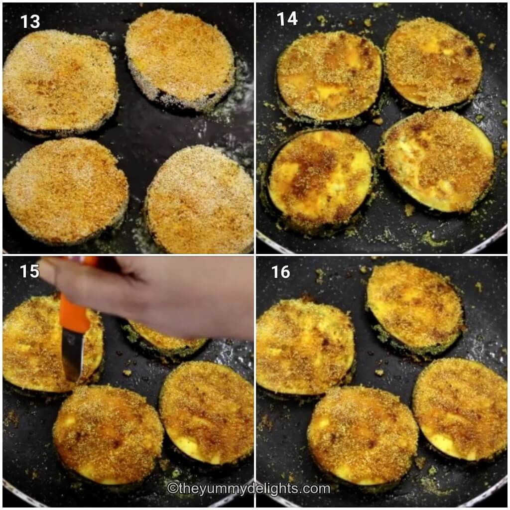 collage image of 4 steps showing panfrying the brinjal slices.
