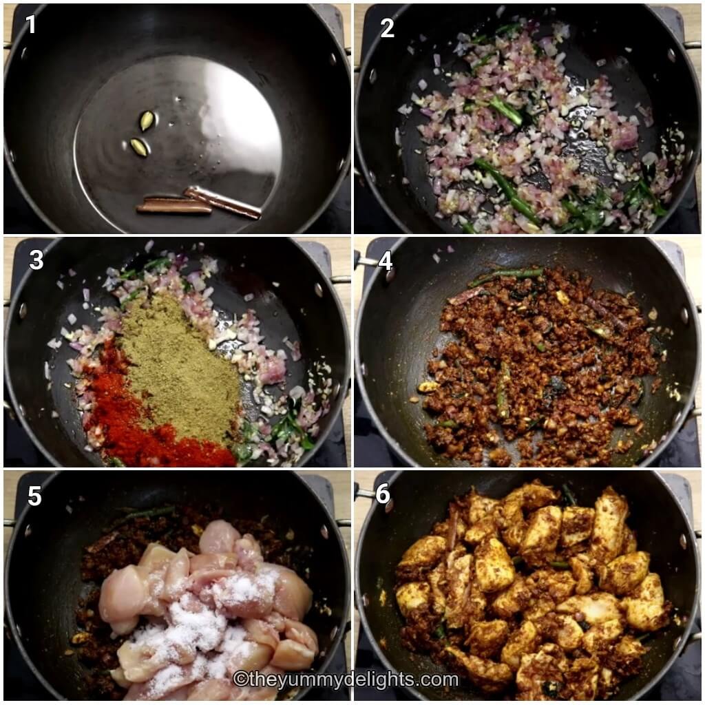 Collage image of 6 steps showing how to make ceylon chicken curry. It shows sauteing whole spices, onion, ginger, garlic, green chillies, addition of spice powders and chicken.