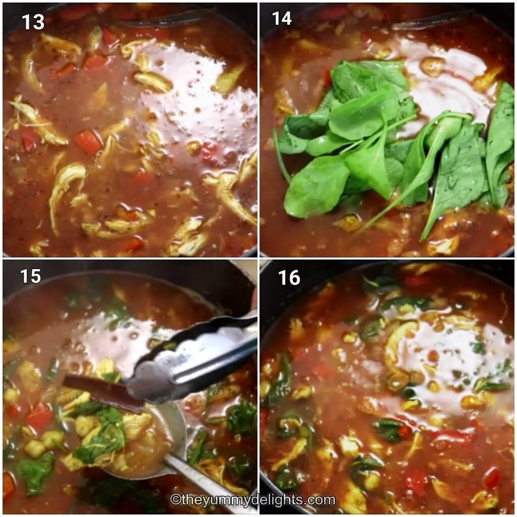 Collage image of 4 steps showing addition of spinach and cooking the Mediterranean chicken and chickpea soup.