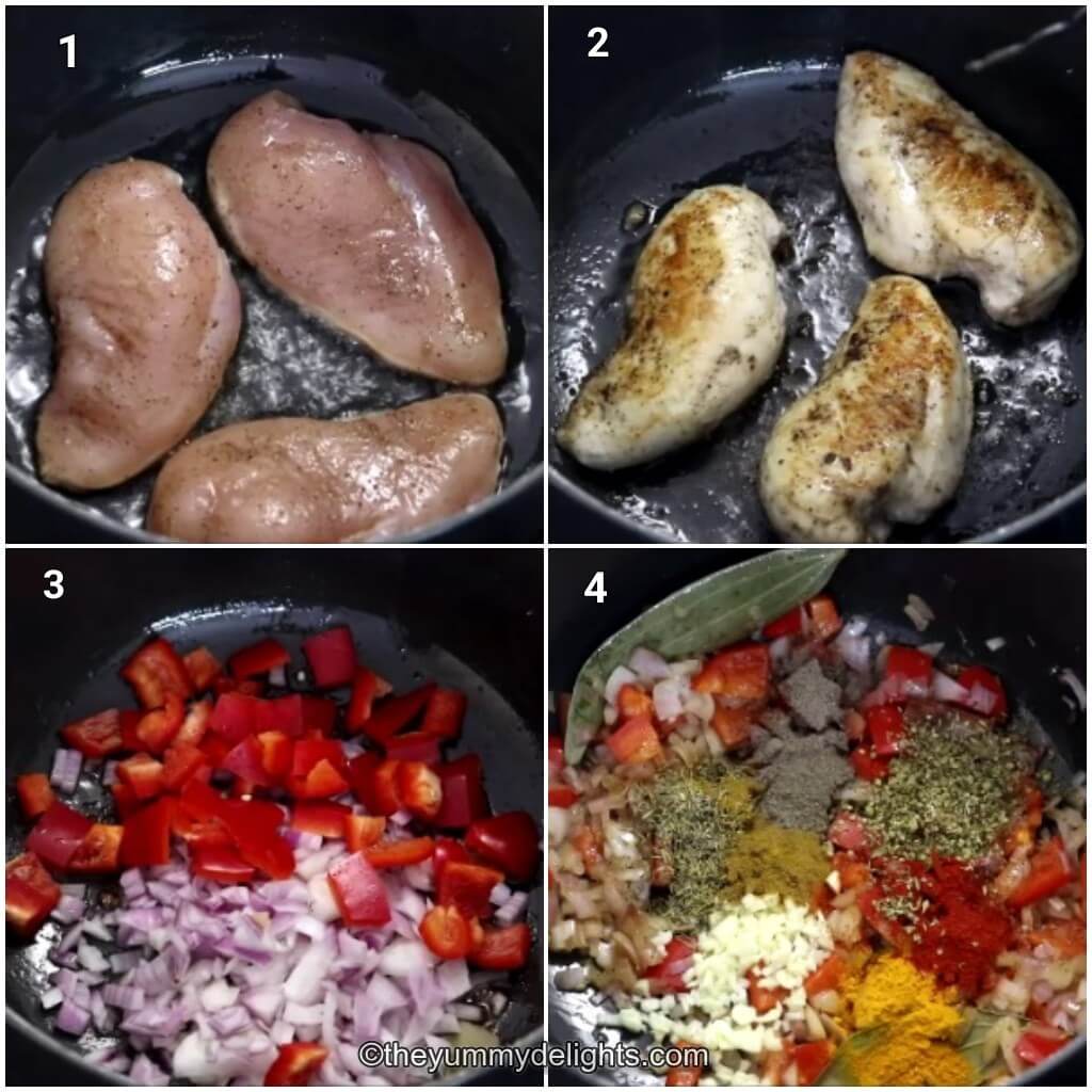 Collage image of 4 steps showing how to make chicken and chickpea soup. It shows sauteing chicken, then sauteing vegetables and addition of seasoning.