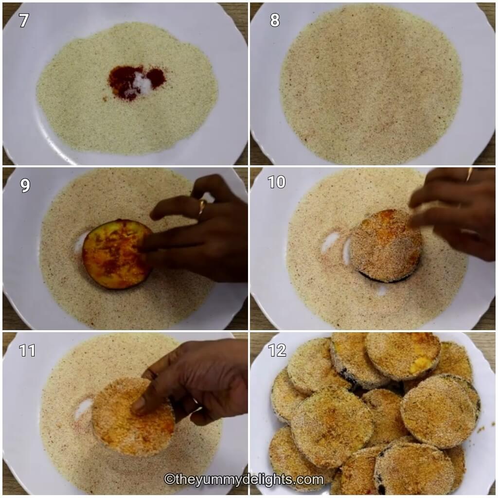 collage image of 6 steps showing coating the eggplant sliced with rava or semolina.