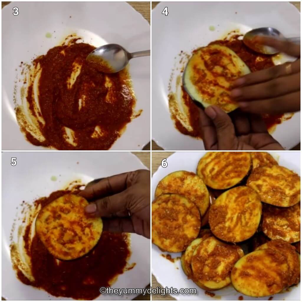 collage image of 4 steps showing marinating the brinjal slices.