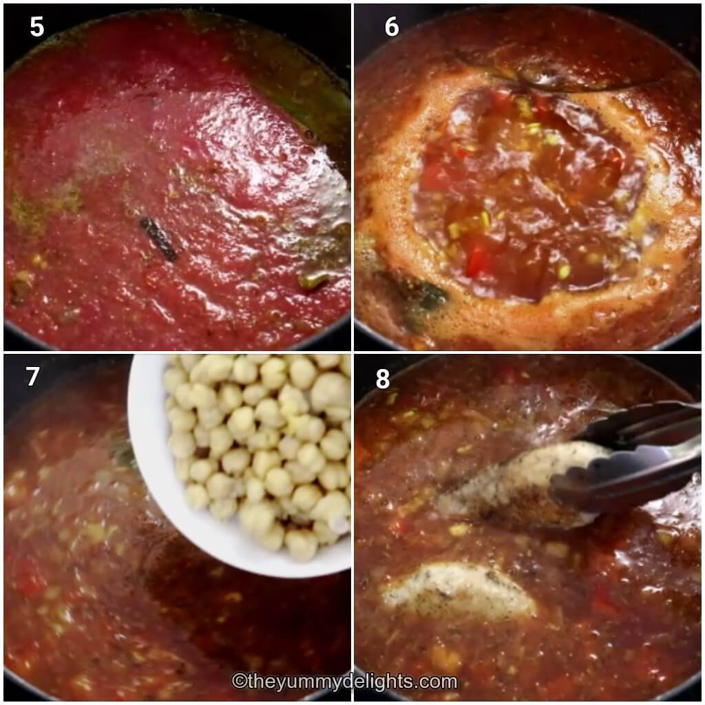Collage image of 4 steps showing making the mediterranean chicken soup with chickpeas and vegetables. It shows addition of tomatoes, broth, chickpeas and chicken.
