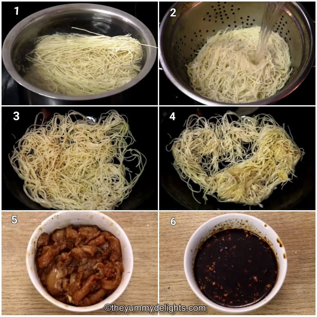 Collage image of 6 steps showing how to cook chow mein noodles, marinating the chicken and making the sauce-mix.