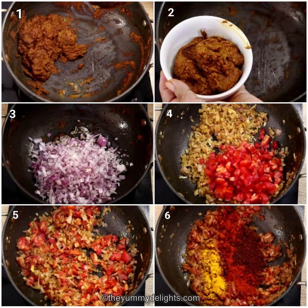 Collage image of 6 steps showing how to make Kolhapuri chicken sukka. It shows cooking onion, tomatoes and addition of spices.