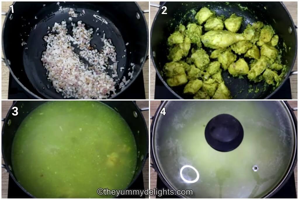 Collage image of 4 steps showing how to make stock for kolhapuri tambda rassa. It shows cooking the marinated  chicken in water and making the chicken stock.