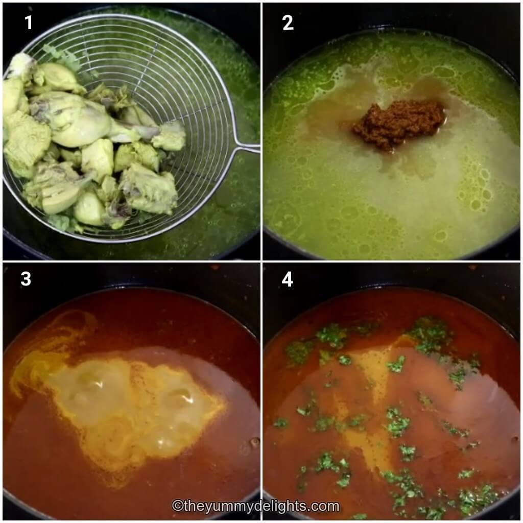 Collage image of 4 steps showing how to make Kolhapuri tambda rassa recipe. It shows removing chicken from stock, addition of watan and cooking it.