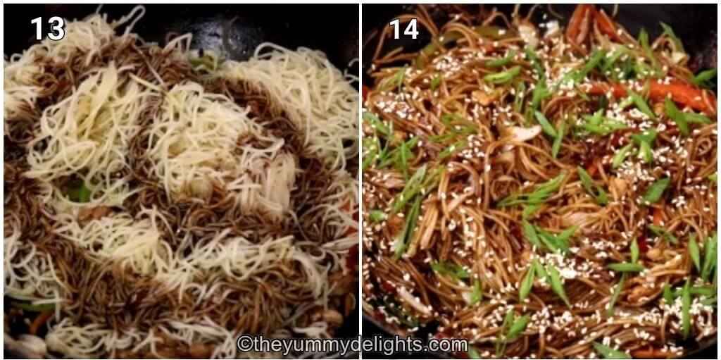 Collage image of 2 steps showing addition of cooked chicken and stir-fried noodles back to the wok. It also shows garnishing the chow mein with scallions and sesame seeds.
