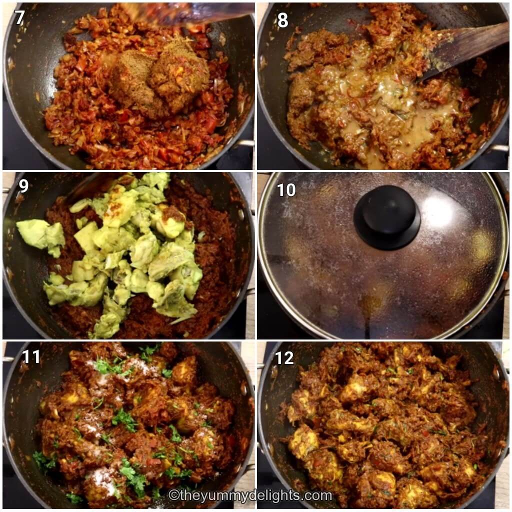 Collage image of 6 steps showing how to make Kolhapuri chicken sukka recipe. It shows cooking watan, addition of chicken and cooking it with watan or masala.