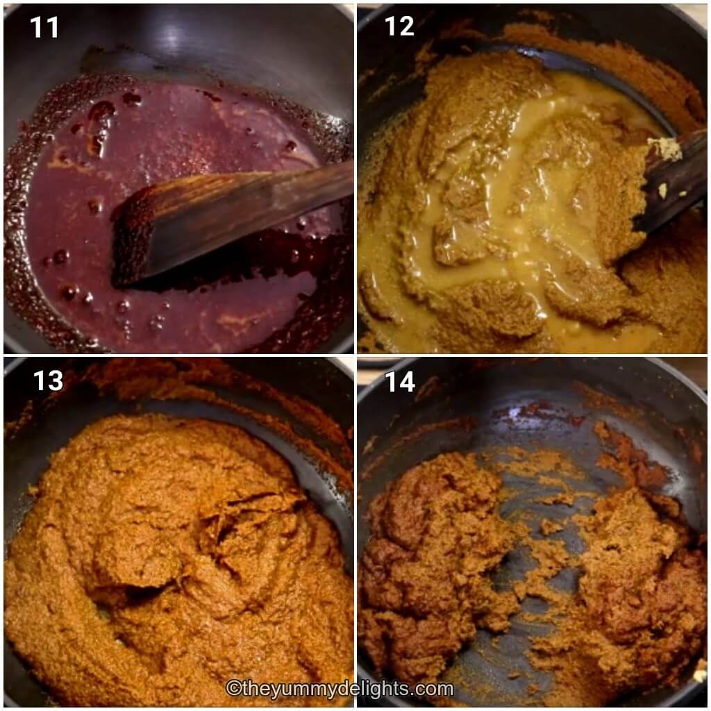 Collage image of 4 steps showing how to make watan or masala for tambda rassa recipe. It shows stir frying the masala, addition of spices and dividing it into two parts.