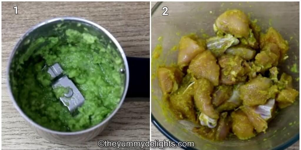 collage image of 2 steps showing how to make green masala and marinating the chicken.