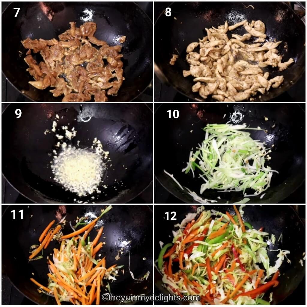 Collage image of 6 steps showing how to make chicken chow mein recipe. It shows stir-frying chicken and stir-frying the vegetables.
