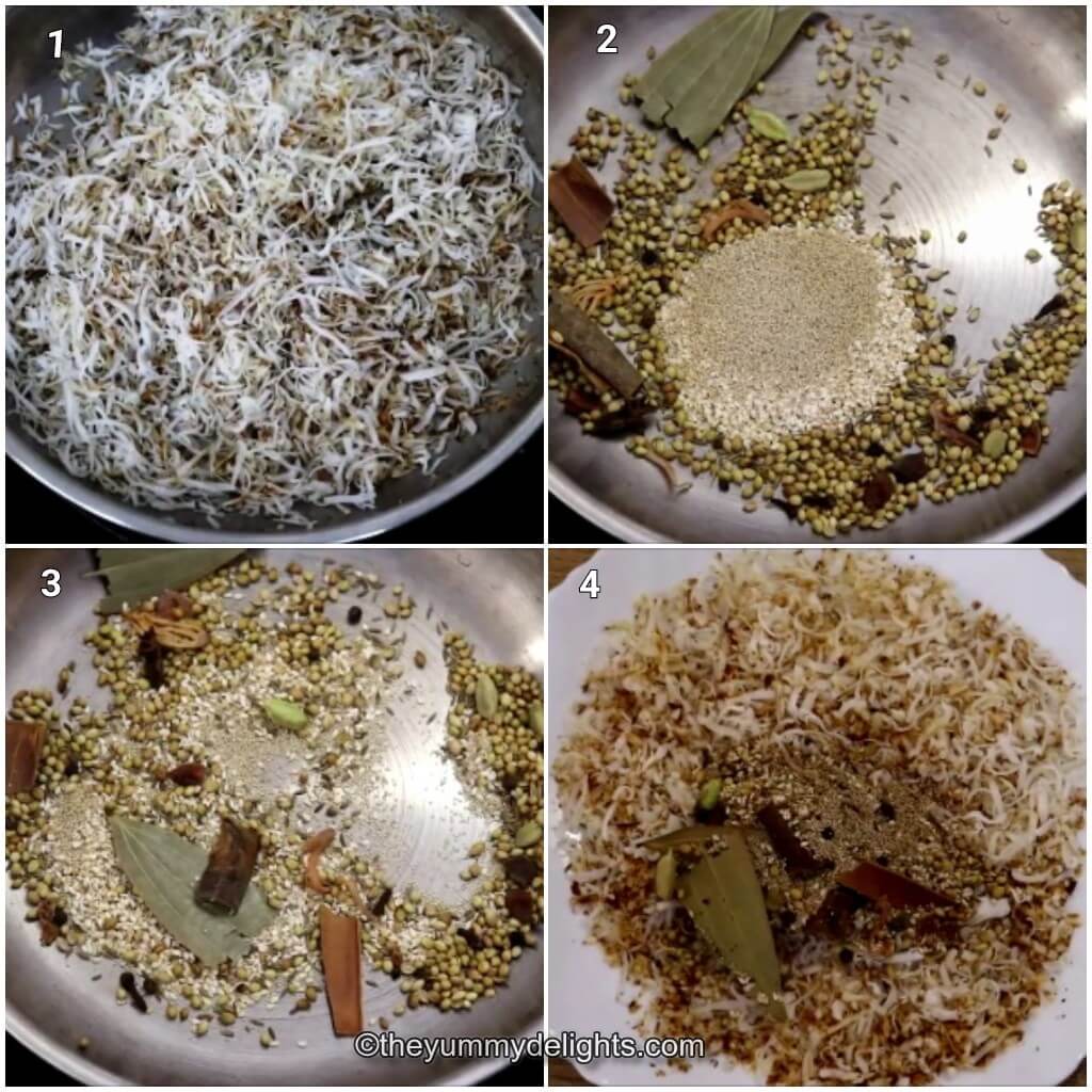 Collage image of 4 steps showing how to make kolhapuri tambda rassa masala. It shows roasting dry coconut and whole spices.