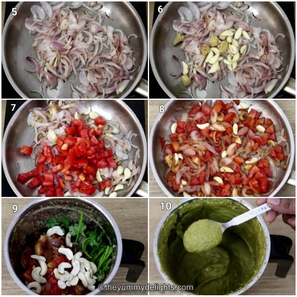 Collage image of 6 steps showing how to make Kolhapuri tambda rassa recipe. It shows stir frying the onions, ginger and garlic, addition of tomatoes and cooking it. It also shows grinding the ingredients and making the watan (masala).