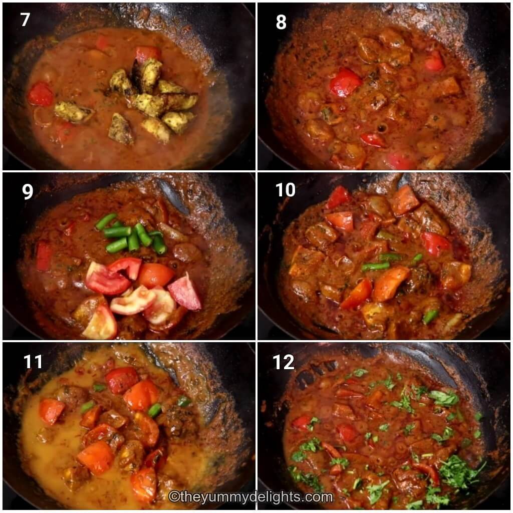 Collage image of 6 steps showing how to make BIR chicken jalfrezi recipe. It shows addition of cooked chicken and cooking it. It also shows addition of tomato, green chilies and cooking them.