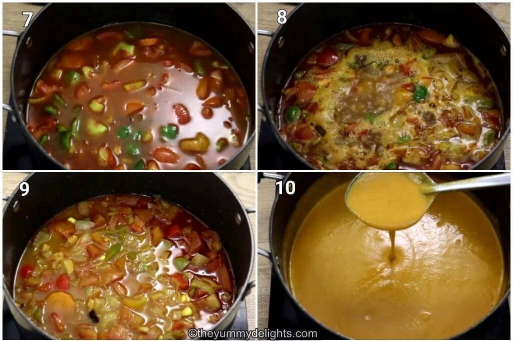 Collage image of 4 steps showing making the  base gravy recipe. It shows cooking the vegetables and blending the cooked base sauce.