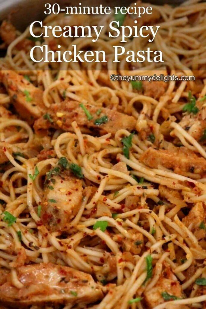 close-up of creamy spicy chicken pasta. Garnished with Parmesan cheese and parsley. Served with a sprinkle of red pepper flakes.