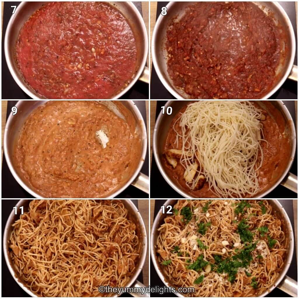 Collage image of 6 steps showing tossing the spicy creamy tomato sauce with chicken and spaghetti pasta. It shows making sauce, addition of cream, addition of pasta and chicken to the sauce. It also shows addition of Parmesan cheese and parsley.