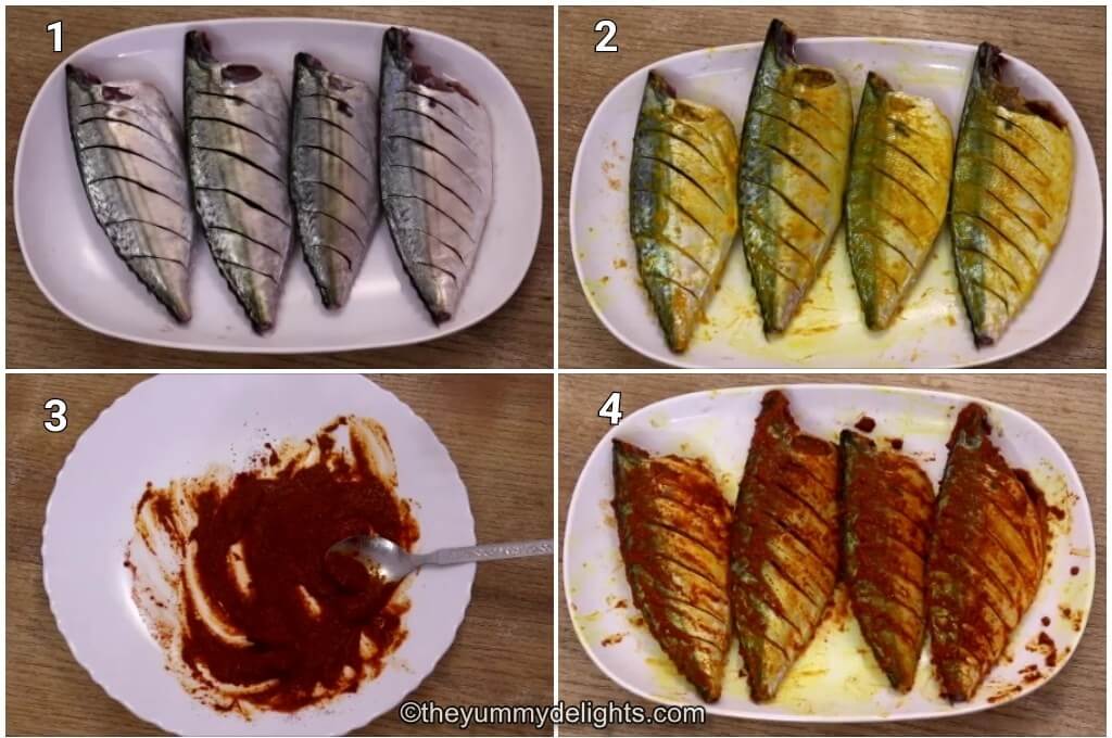 Collage image of 4 steps showing how to marinate mackerel fish to make makerel fish fry recipe.