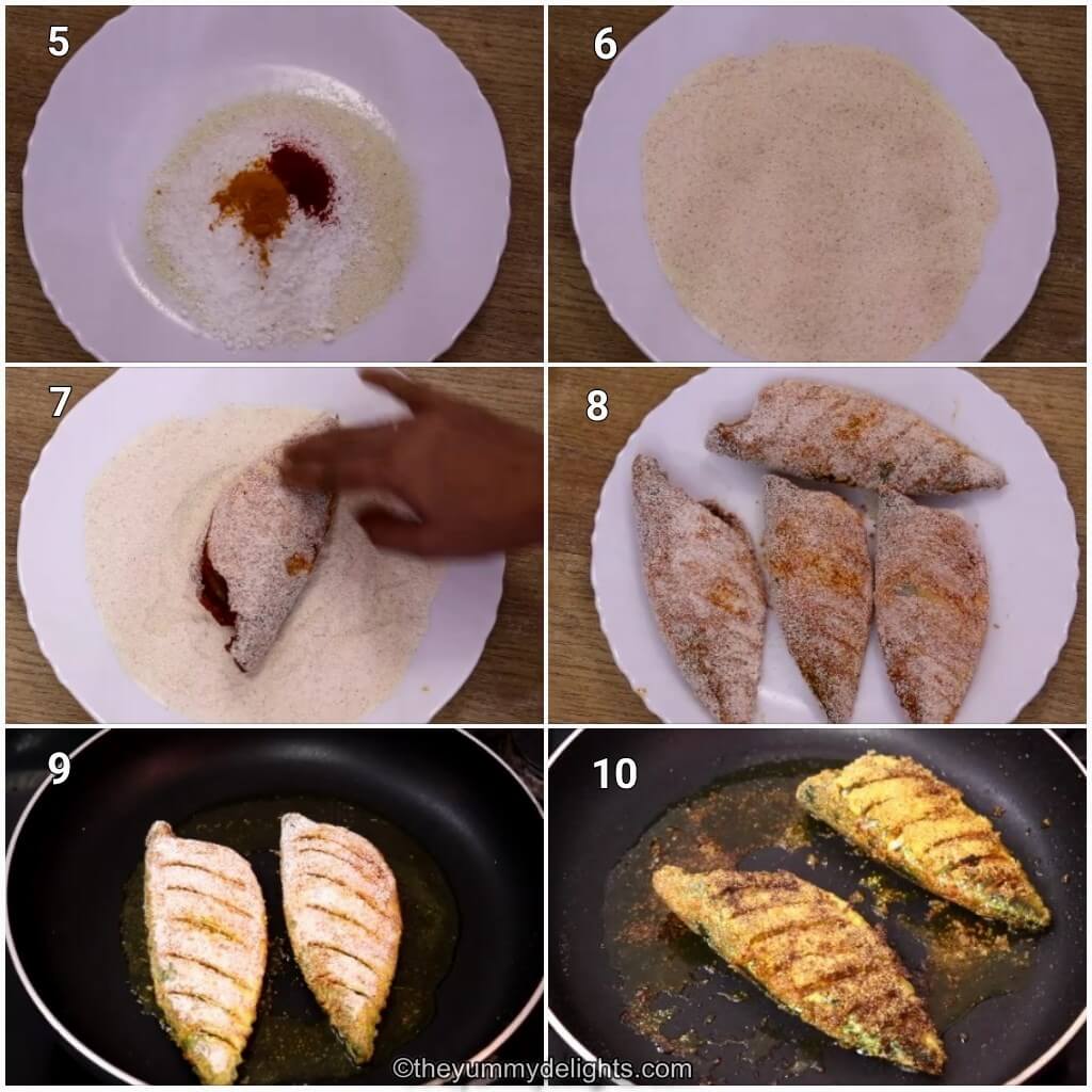 Collage image of 6 steps showing how to make pan fried mackerel. It shows mixing the coating ingredients, coating the fish and frying the fish in a pan.