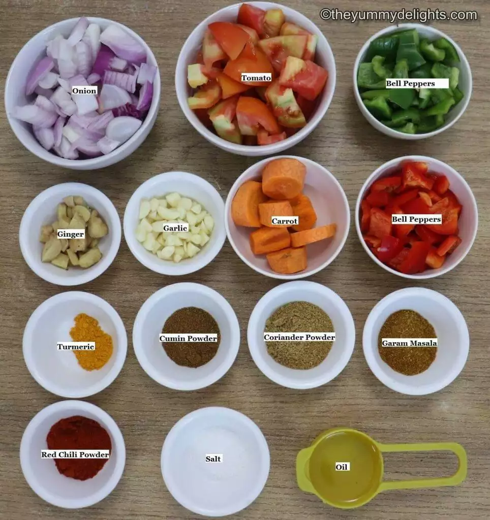 individually labeled ingredients to make curry base sauce (gravy) laid out on a table.