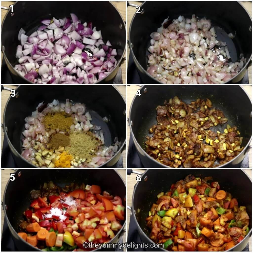 Collage image of 4 steps showing how to make curry base sauce. It shows sauteing onions, addition of spices, addition of vegetables and sauteing them.