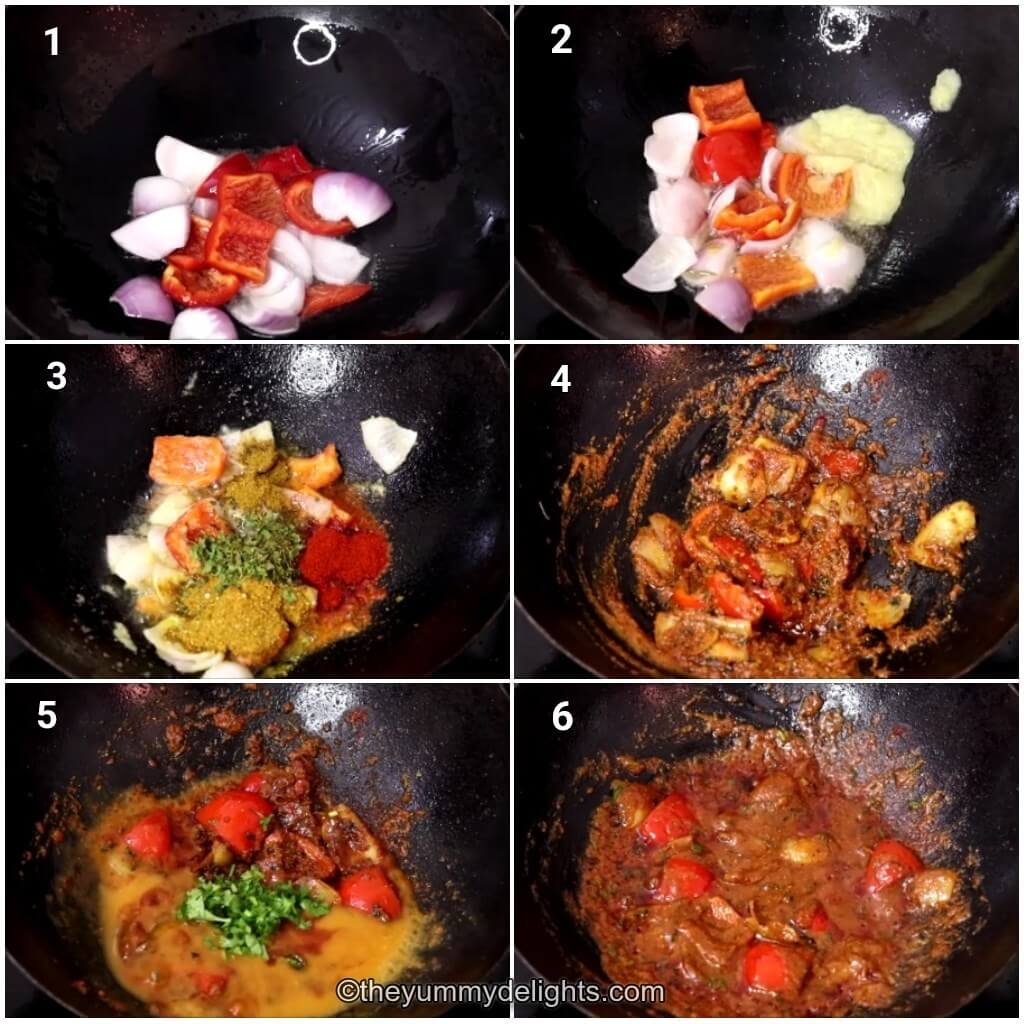 Collage image of 6 steps showing how to make Indian restaurant chicken jalfrezi. It shows stir-frying onions and bell peppers, addition of ginger-garlic paste, spice powders, base gravy and cooking them.