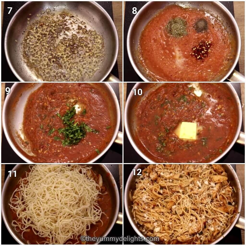 Collage image of 6 steps showing how to make chicken pasta with tomato and basil sauce. It shows sauteeing garlic, addition of tomato puree, seasoning it. Addition of basil and butter. Finally, adding cooked chicken and noodles to the sauce and tossing them.