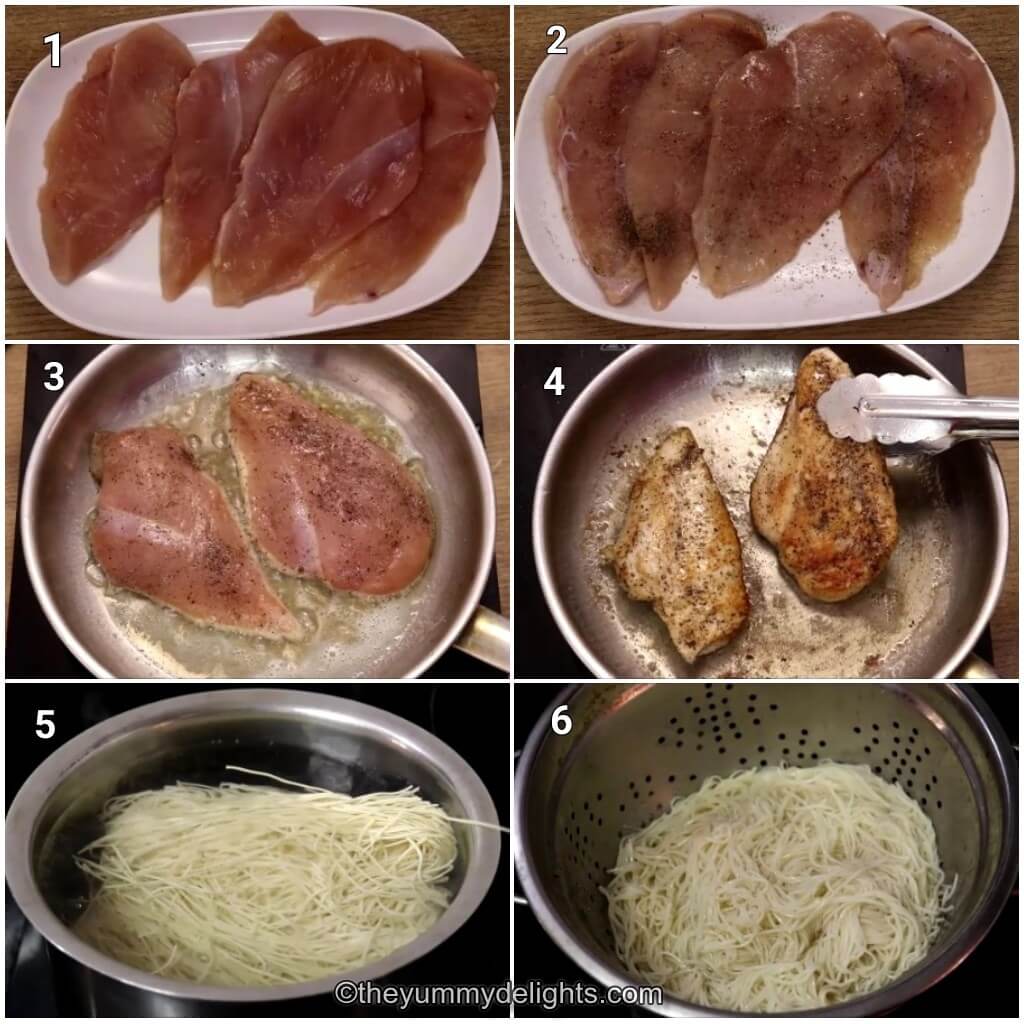 Collage image of 6 steps showing how to make tomato basil chicken pasta. It shows marinating and searing the chicken and cooking pasta. 