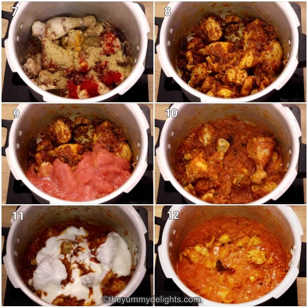 Collage image of 6 steps showing how to make chicken dhaba style. It shows addition of spice powders, tomatoes, yogurt and cooking them.