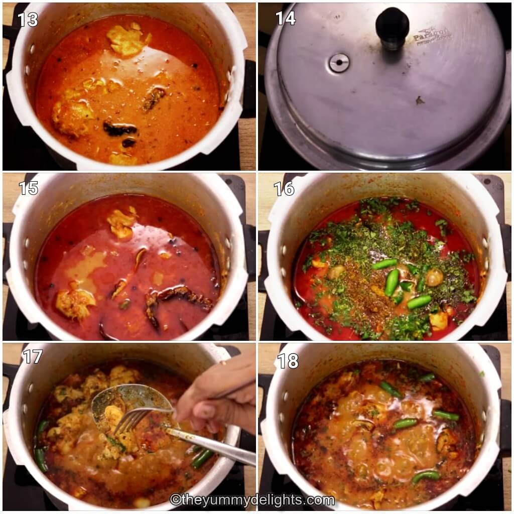 Collage image of 6 steps showing making the dhaba chicken curry recipe. It shows pressure cooking the chicken, addition of kasuri methi, green chilies, garam masala and coriander leaves to the curry and simmering it.