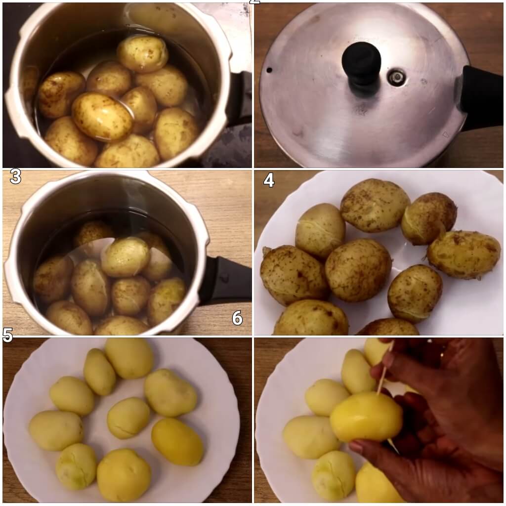 Collage image of 6 steps showing how to make kashmiri dum aloo. It shows pressure cooking the baby potatoes, peel them and pricking them with a toothpick.