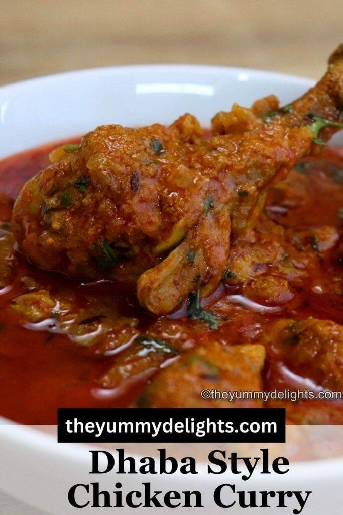 close-up of dhaba style chicken curry in a white color bowl. Garnished with coriander leaves.