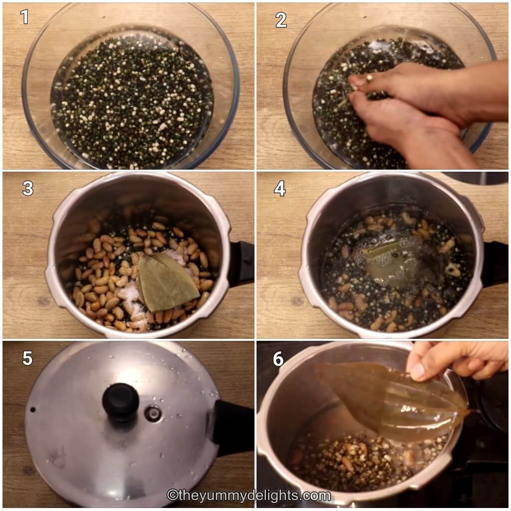 Collage image of 6 steps showing how to make punjabi restaurant style dal makhni. It shows rinsing the dal, adding it to the pressure cooker and pressure cooking the dal.