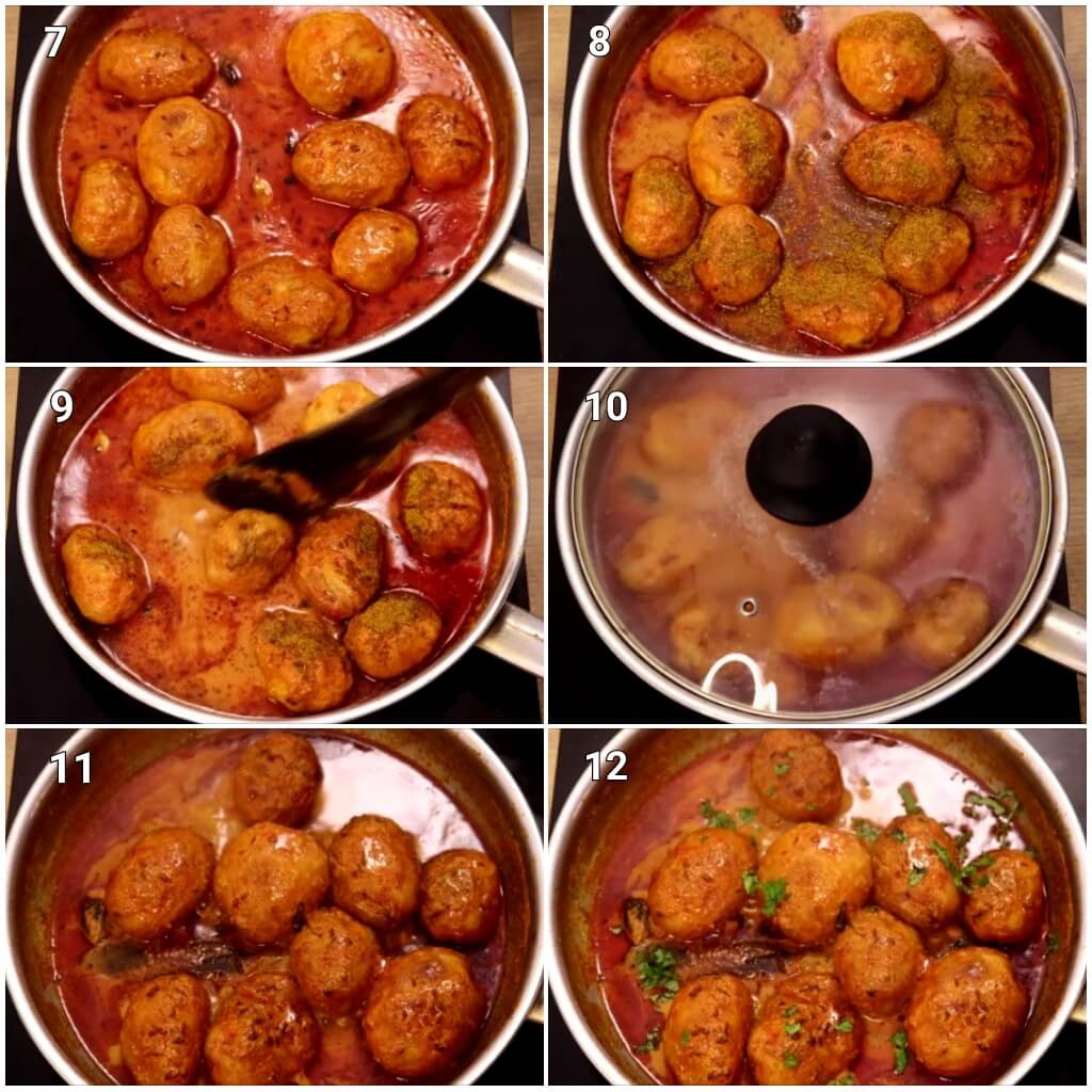 Collage image of 6 steps showing how to dum cook the baby potato curry. It shows addition of garam masala and water to curry. Closing it with the lid and cooking on low heat and then garnishing with coriander leaves.